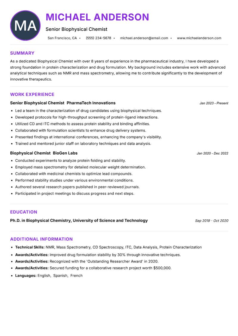 Biophysical Chemist resume example