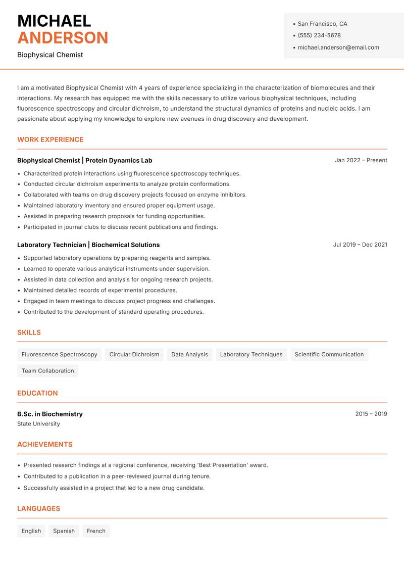 Biophysical Chemist resume sample — Biophysical Chemist focus