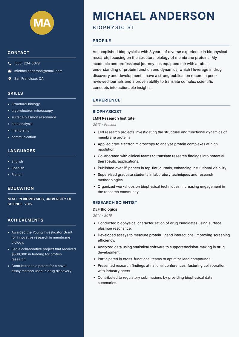 Biophysicist resume sample — Biophysicist focus