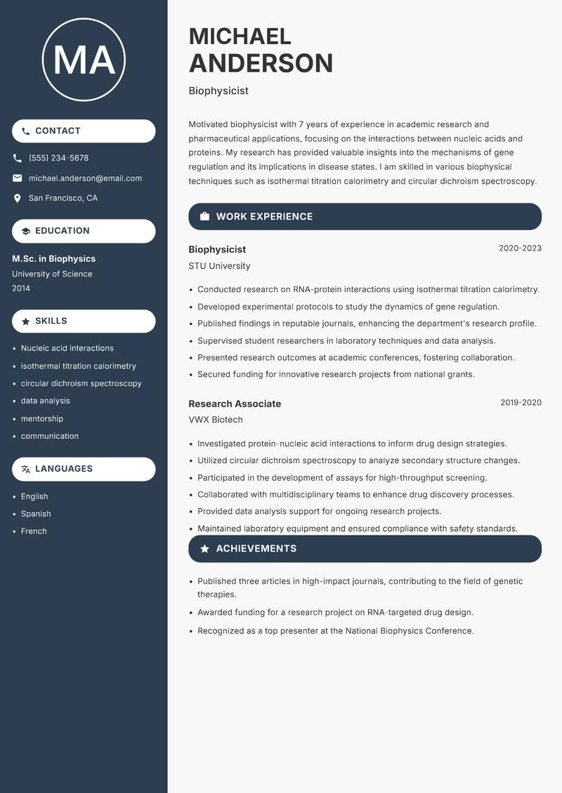 Biophysicist resume sample — Biophysicist focus