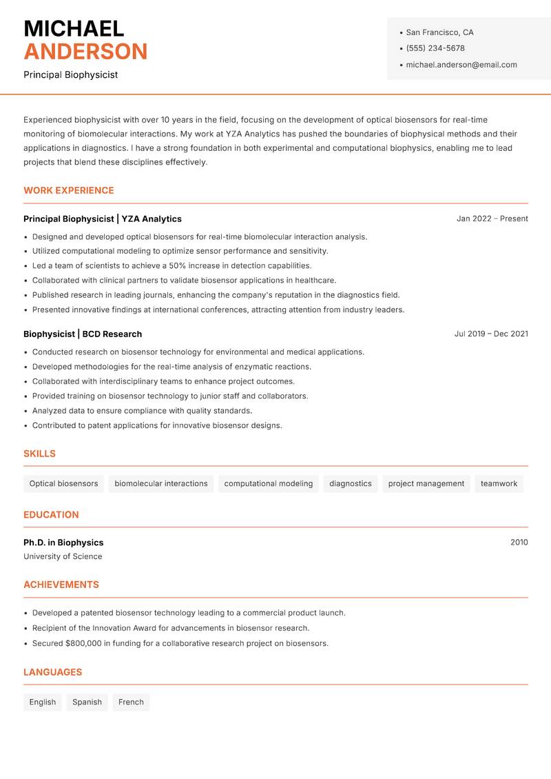 Biophysicist resume sample — Principal Biophysicist focus