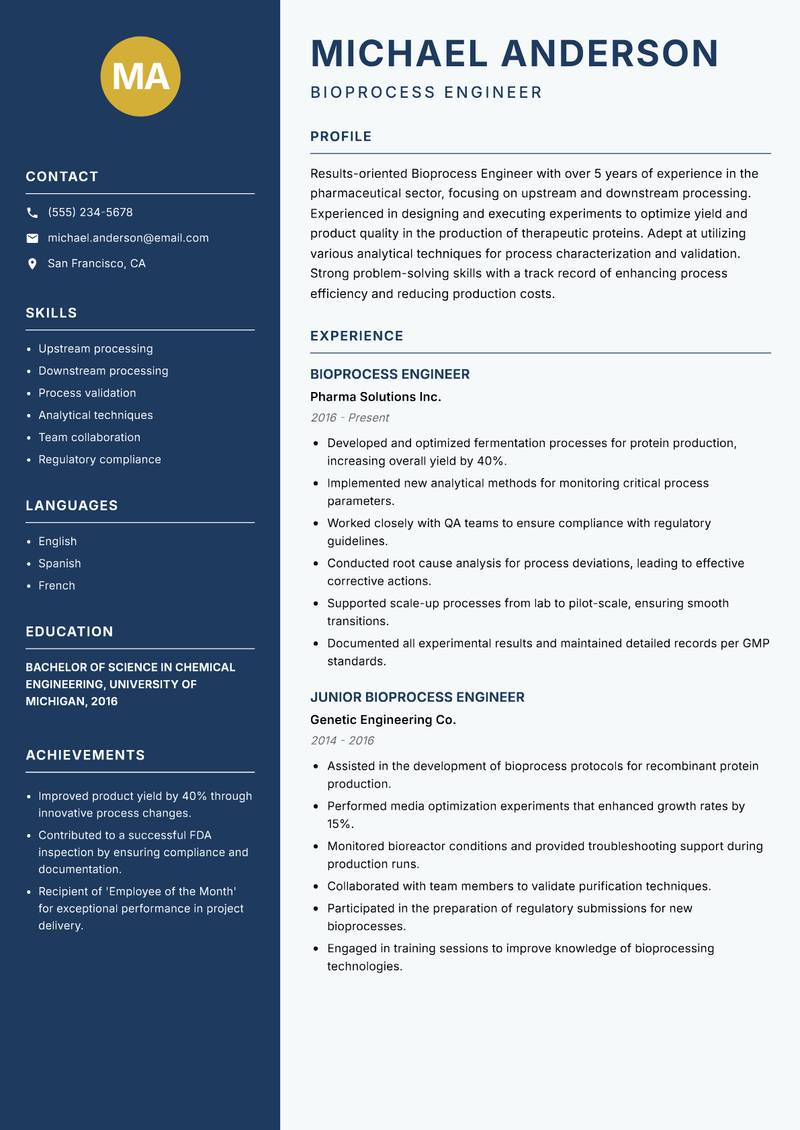 Bioprocess Engineer resume sample — Bioprocess Engineer focus