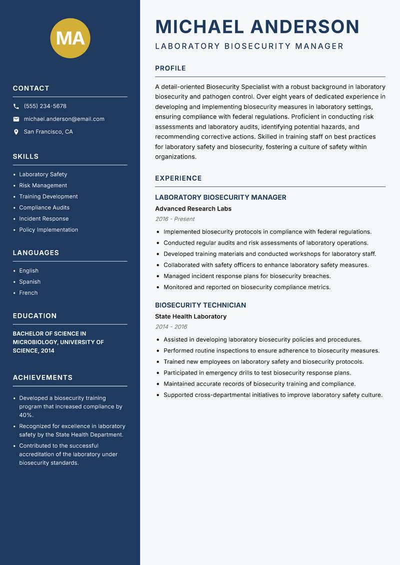 Biosecurity Specialist resume sample — Laboratory Biosecurity Manager focus