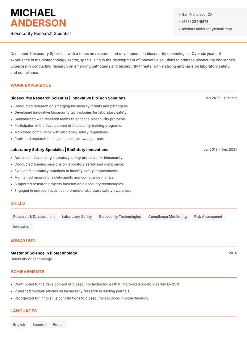 Biosecurity Specialist resume sample — Biosecurity Research Scientist focus