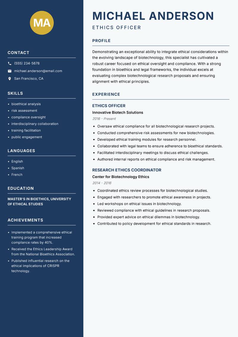 Biotech Ethics Specialist resume sample — Ethics Officer focus