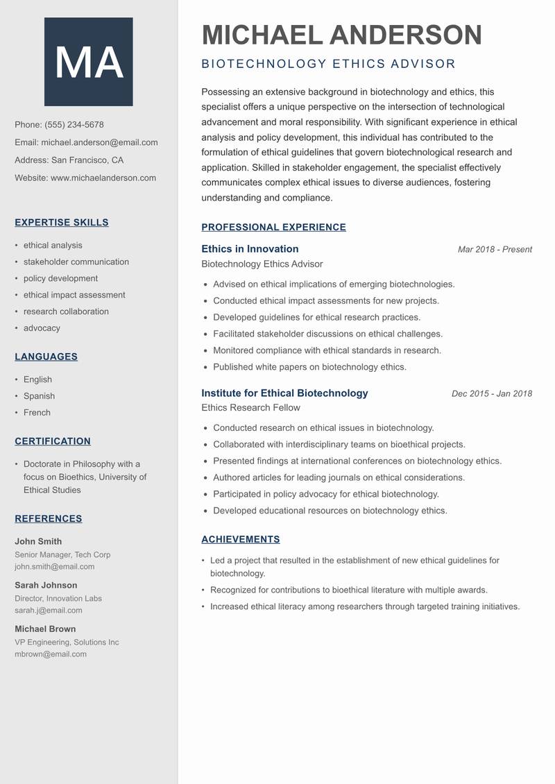 Biotech Ethics Specialist resume sample — Biotechnology Ethics Advisor focus