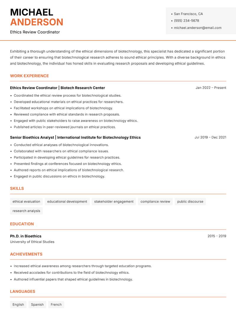 Biotech Ethics Specialist resume sample — Ethics Review Coordinator focus