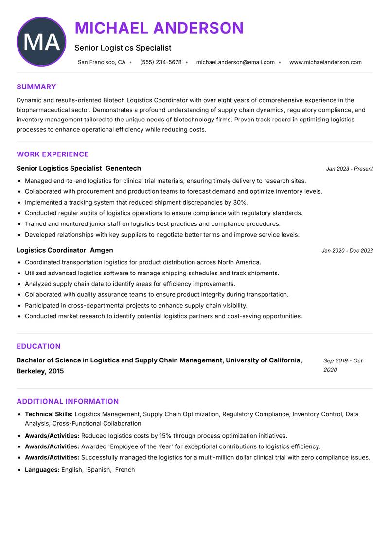 Biotech Logistics Coordinator resume example