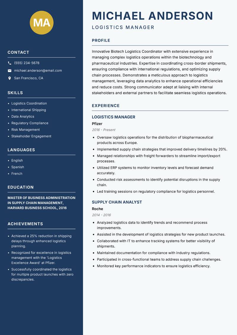 Biotech Logistics Coordinator resume sample — Logistics Manager focus