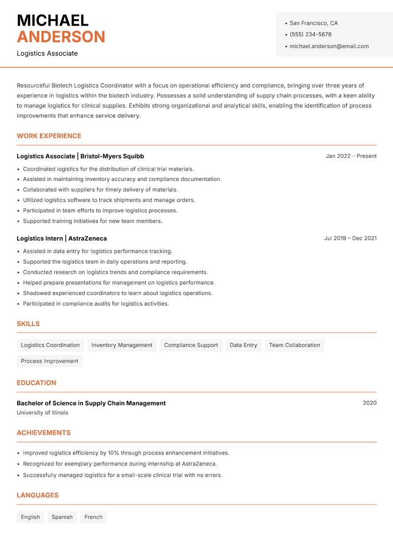 Biotech Logistics Coordinator resume sample — Logistics Associate focus