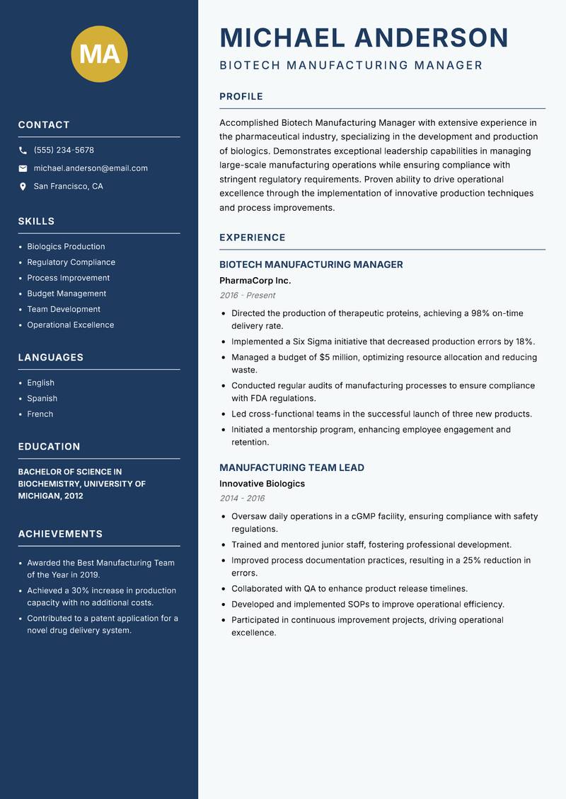Biotech Manufacturing Manager resume sample — Biotech Manufacturing Manager focus