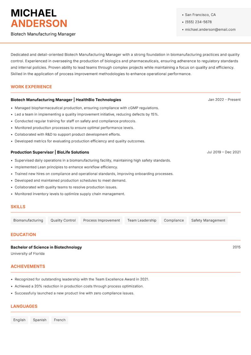 Biotech Manufacturing Manager resume sample — Biotech Manufacturing Manager focus