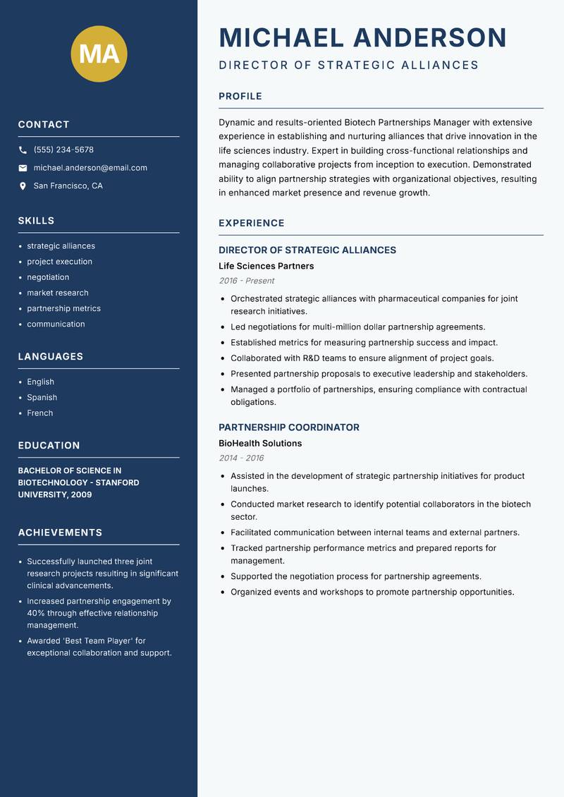 Biotech Partnerships Manager resume sample — Director of Strategic Alliances focus