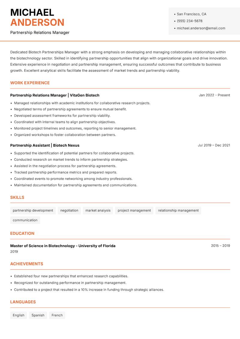 Biotech Partnerships Manager resume sample — Partnership Relations Manager focus