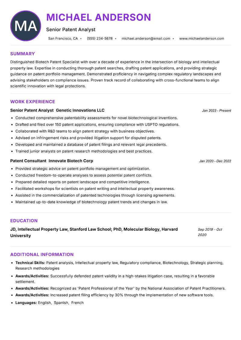 Biotech Patent Specialist resume example