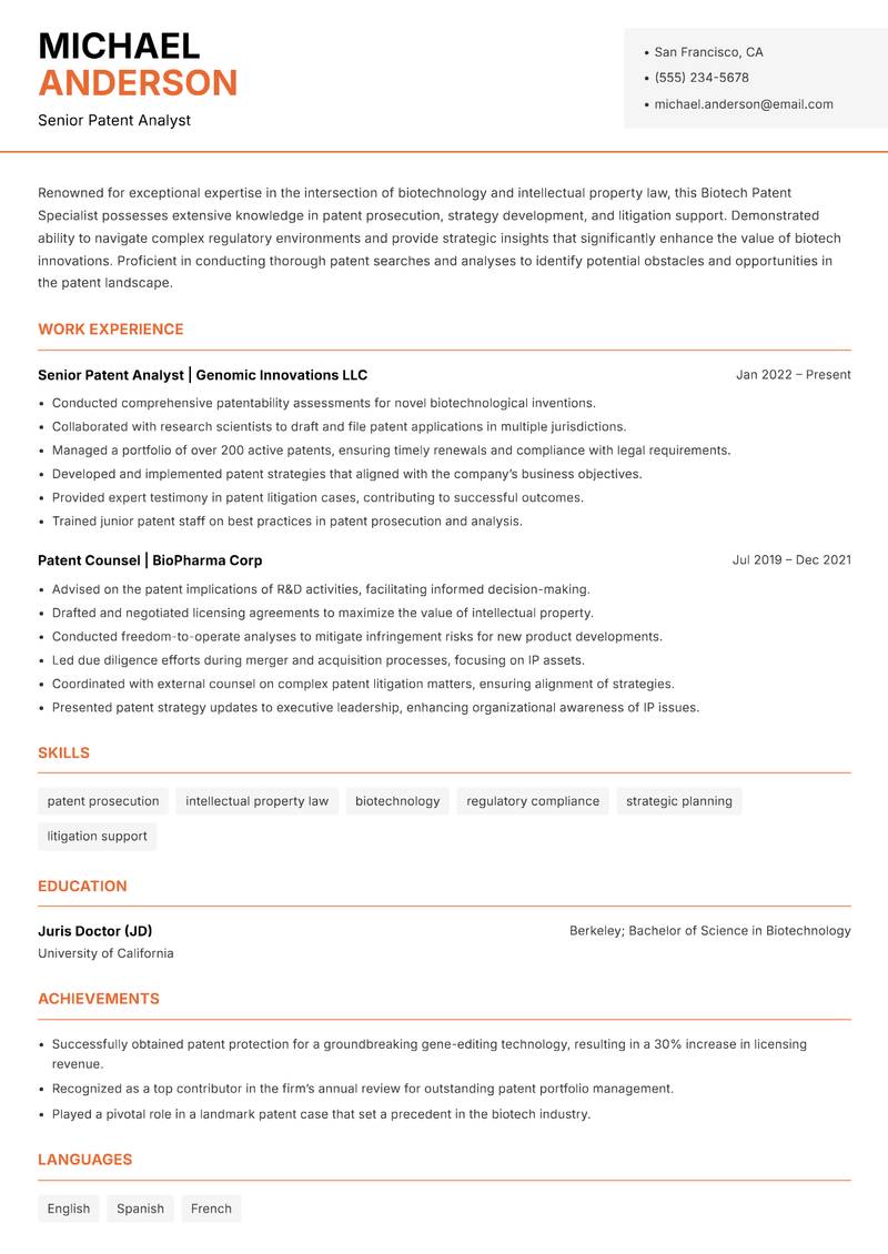 Biotech Patent Specialist resume sample — Senior Patent Analyst focus