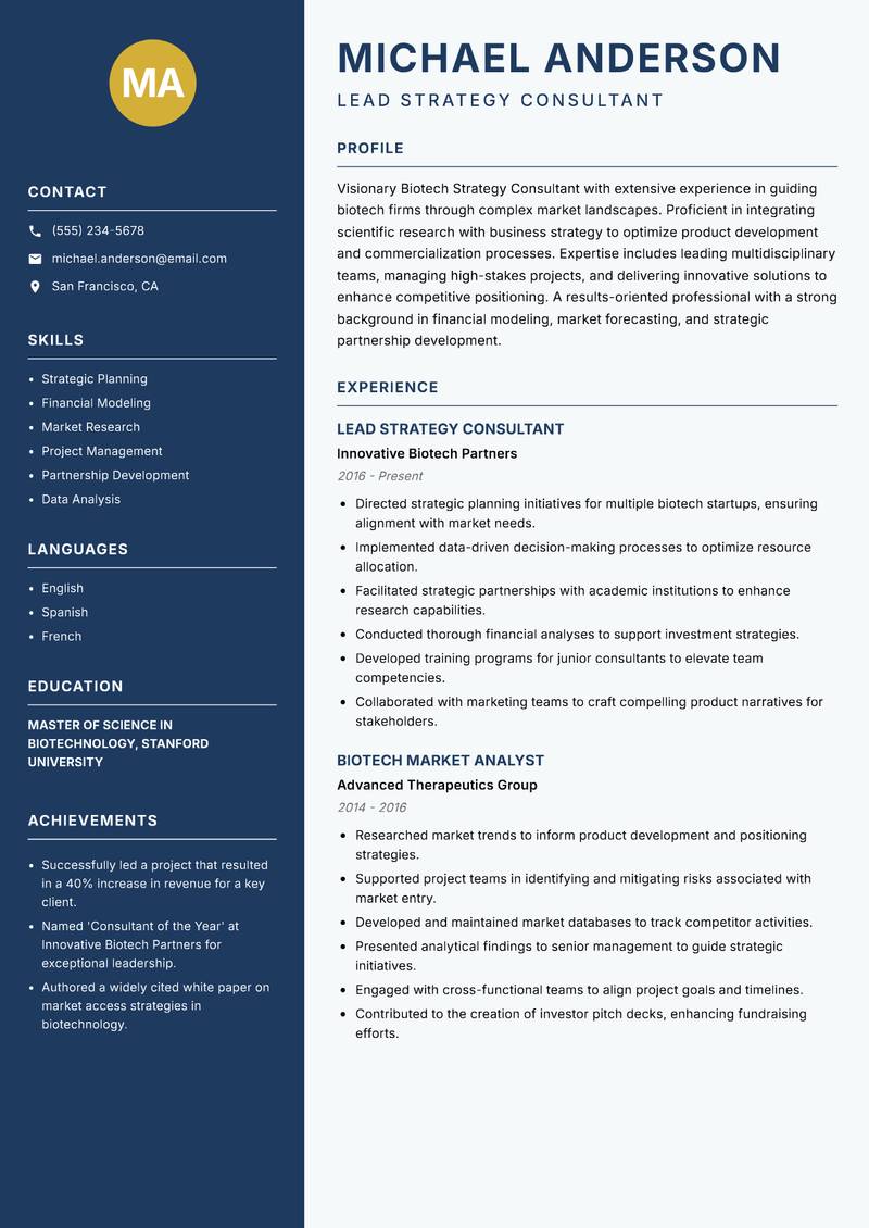 Biotech Strategy Consultant resume sample — Lead Strategy Consultant focus