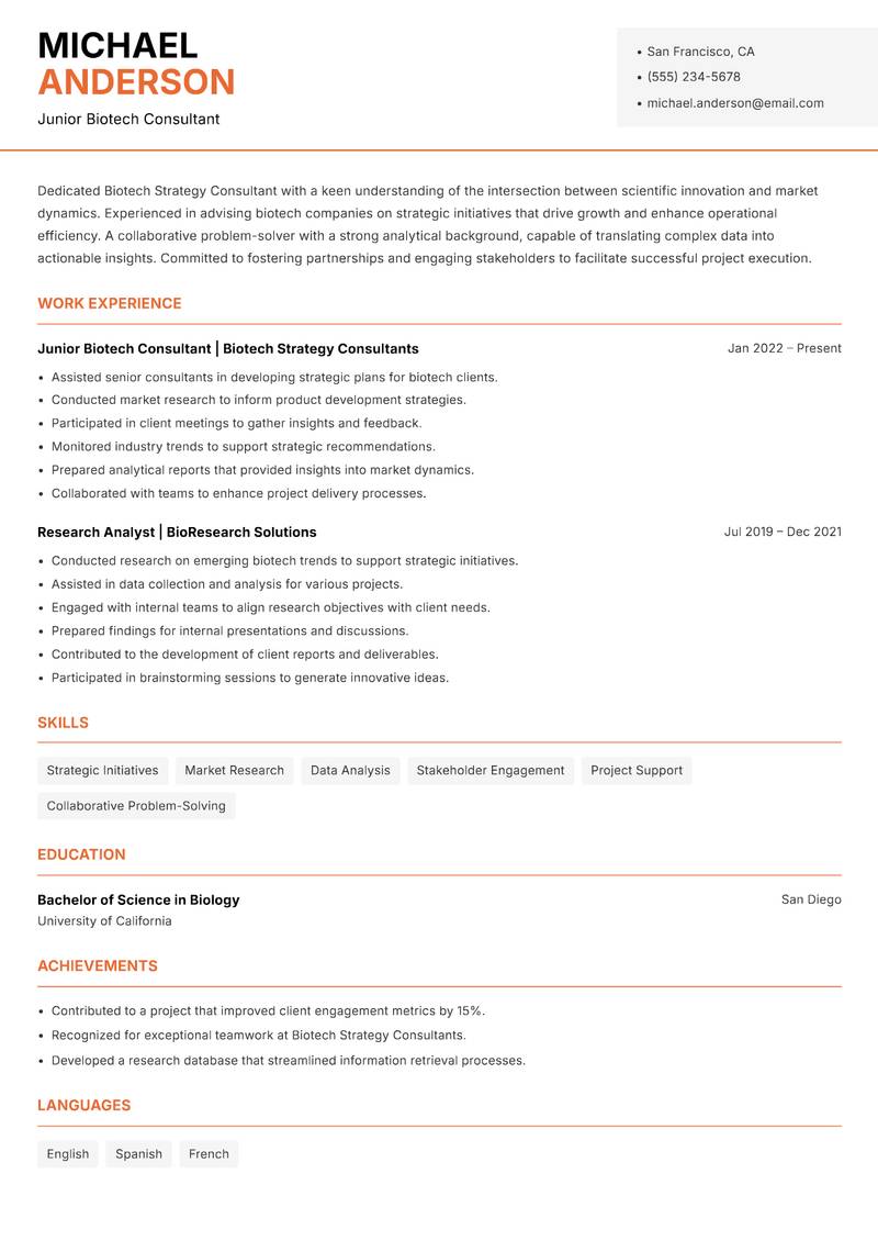 Biotech Strategy Consultant resume sample — Junior Biotech Consultant focus