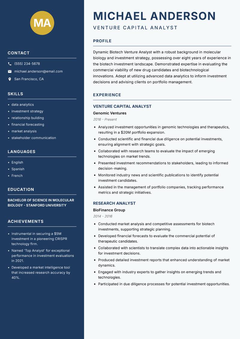 Biotech Venture Analyst resume sample — Venture Capital Analyst focus