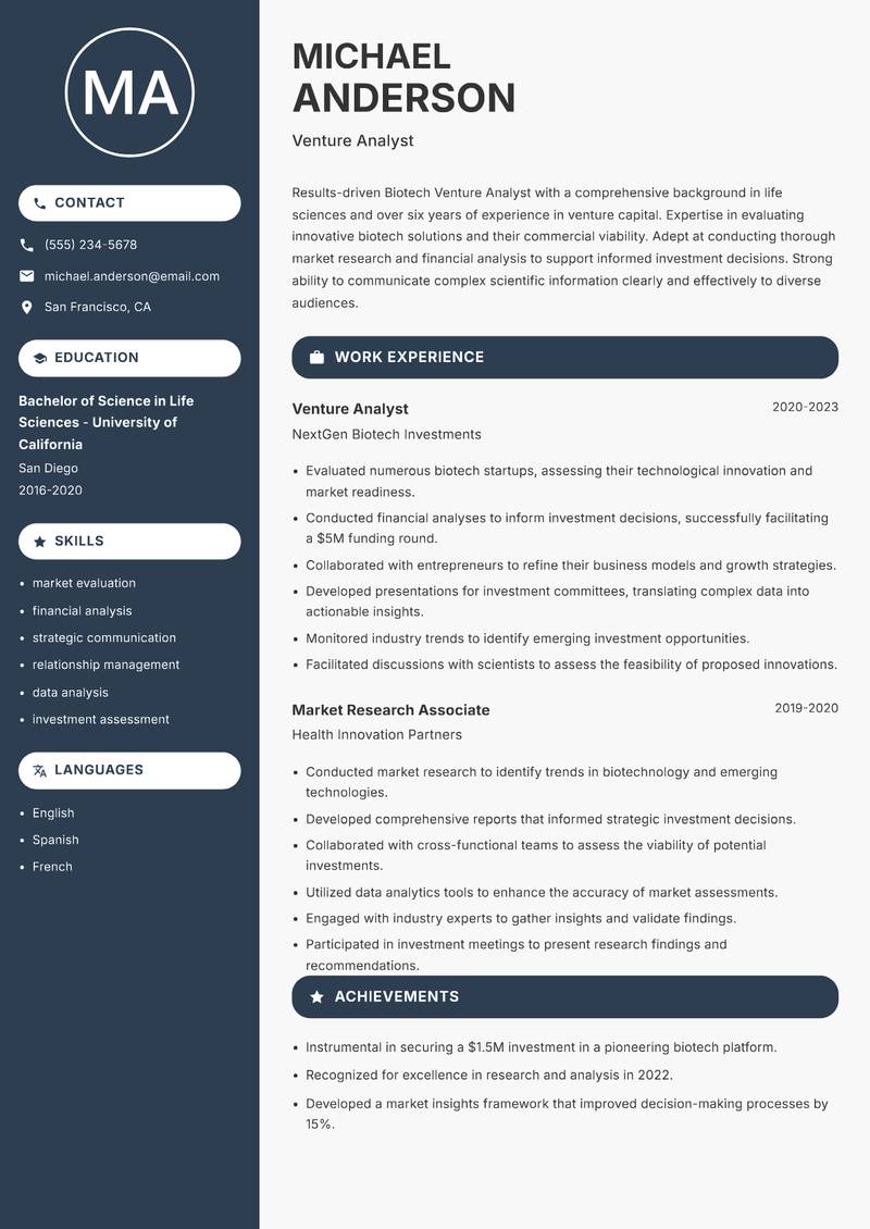 Biotech Venture Analyst resume sample — Venture Analyst focus