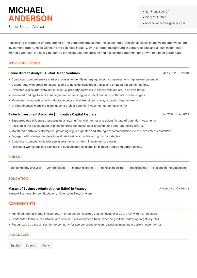 Biotech Venture Analyst resume sample — Senior Biotech Analyst focus