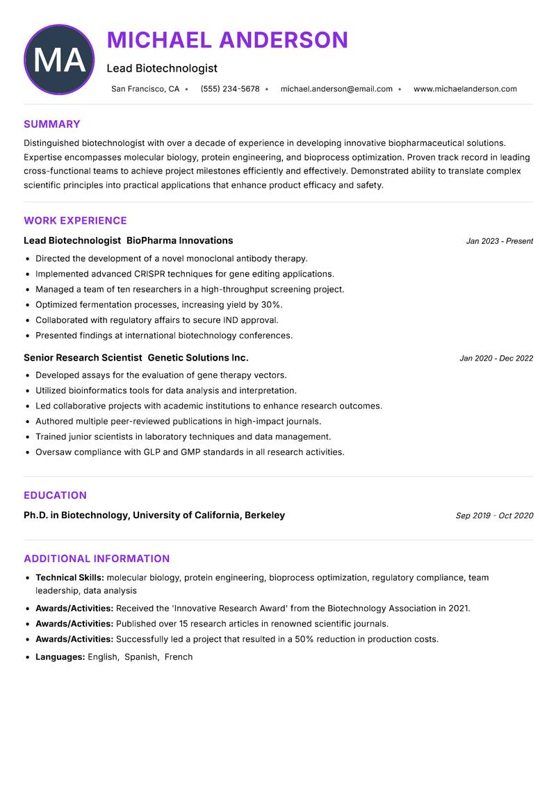 Biotechnologist resume example
