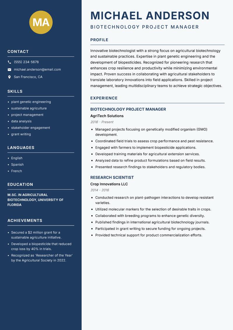 Biotechnologist resume sample — Biotechnology Project Manager focus