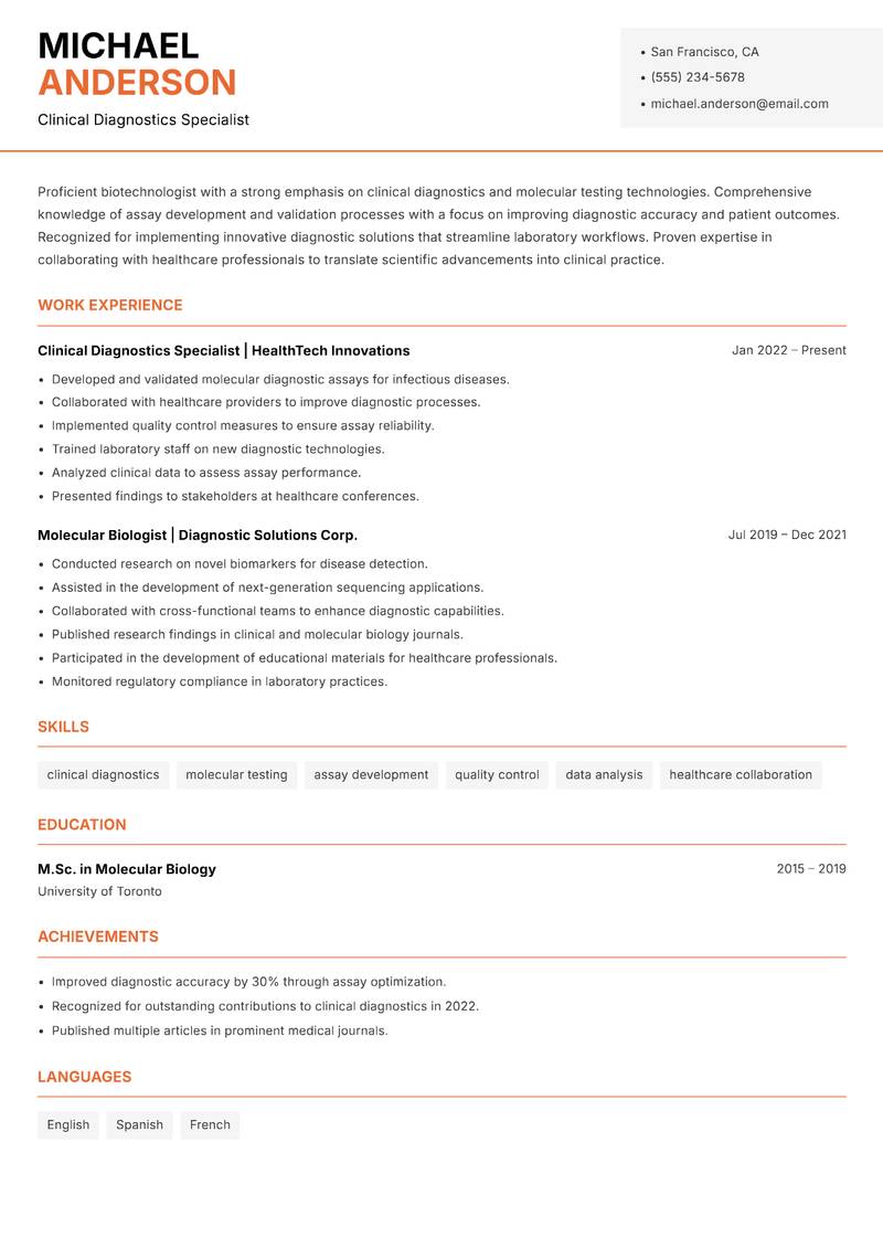 Biotechnologist resume sample — Clinical Diagnostics Specialist focus