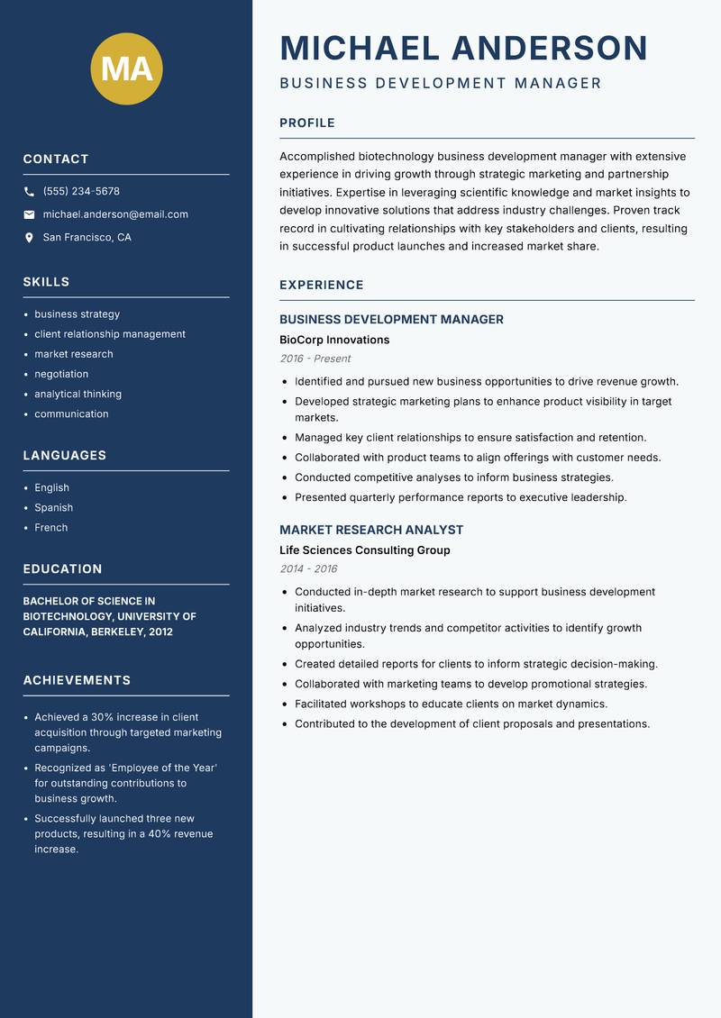 Biotechnology Business Development Manager resume sample — Business Development Manager focus