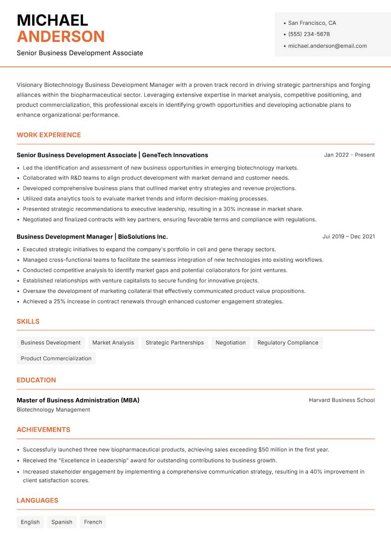 Biotechnology Business Development Manager resume sample — Senior Business Development Associate focus