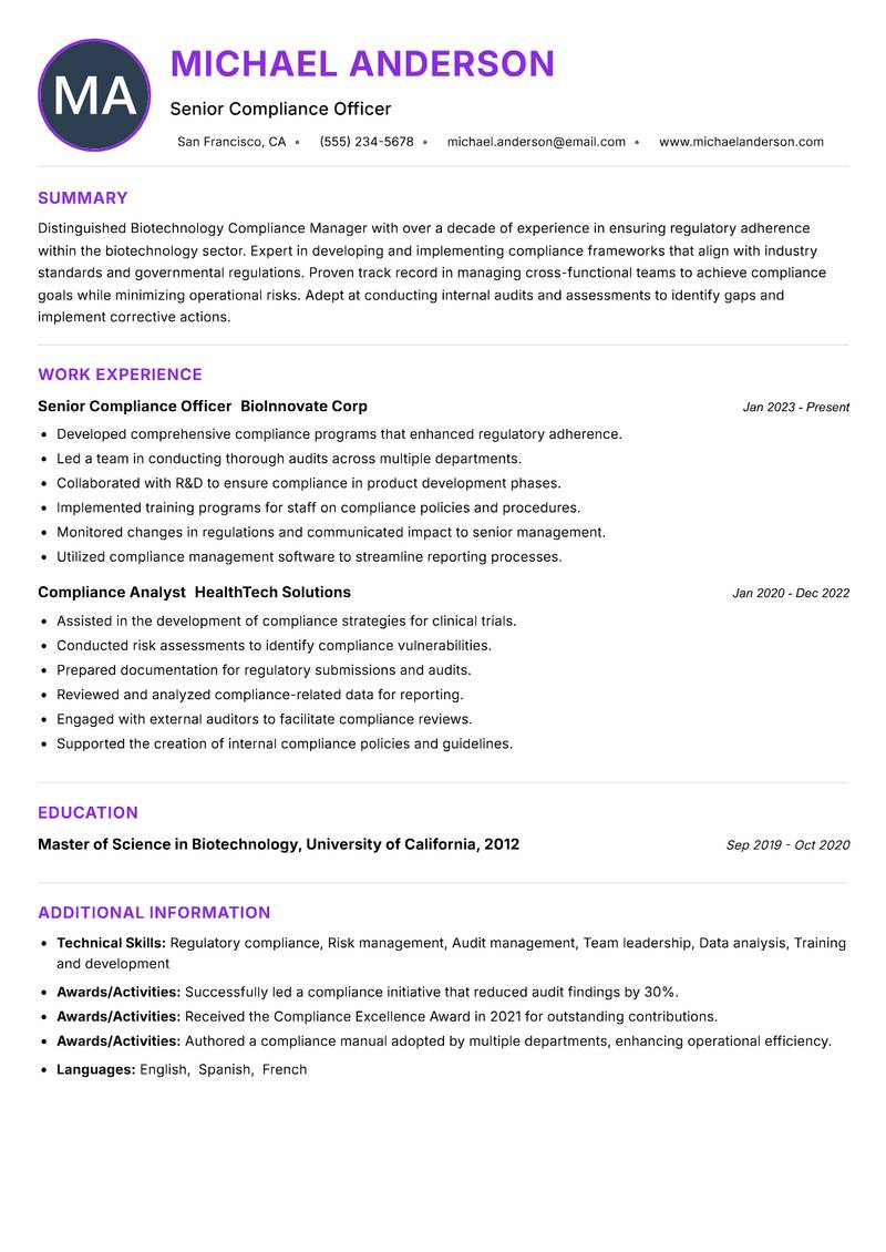 Biotechnology Compliance Manager resume example