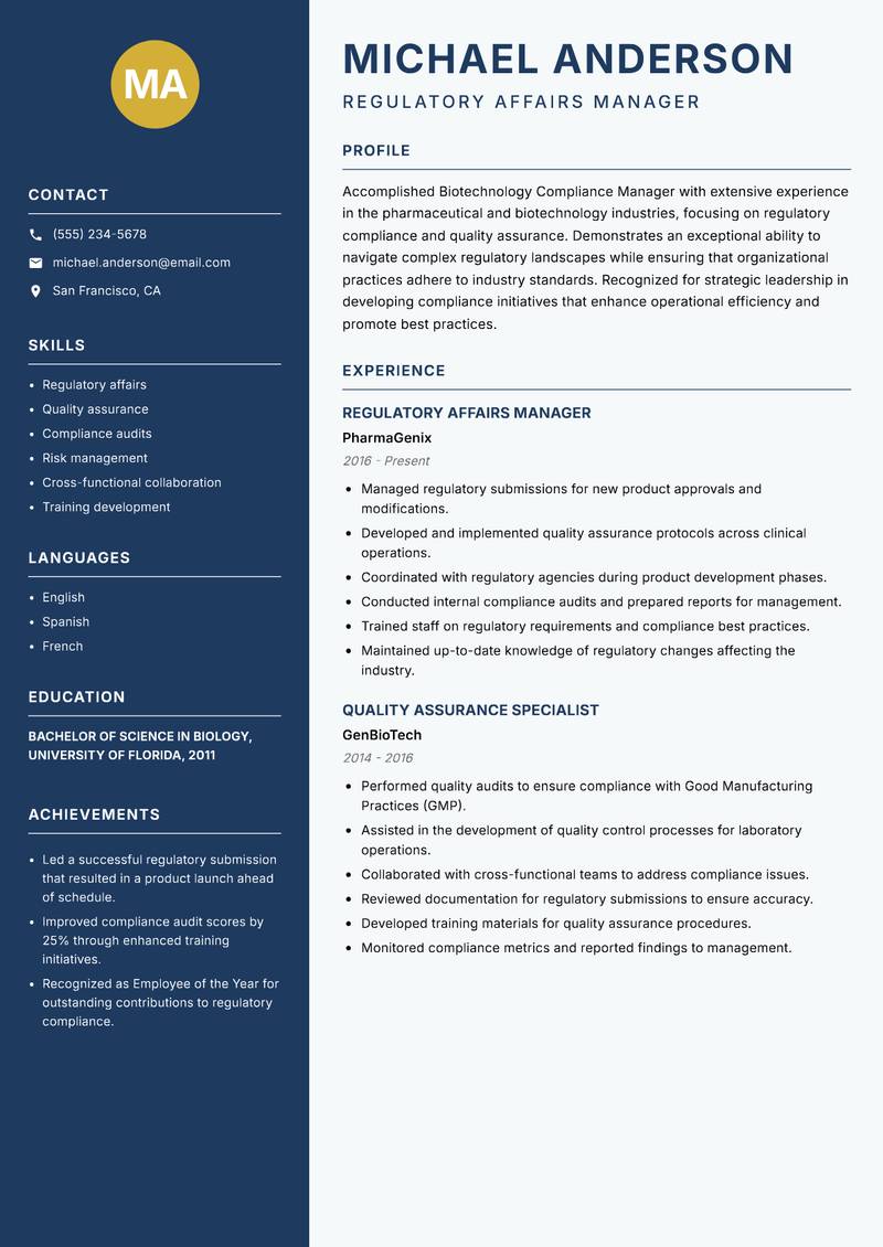 Biotechnology Compliance Manager resume sample — Regulatory Affairs Manager focus
