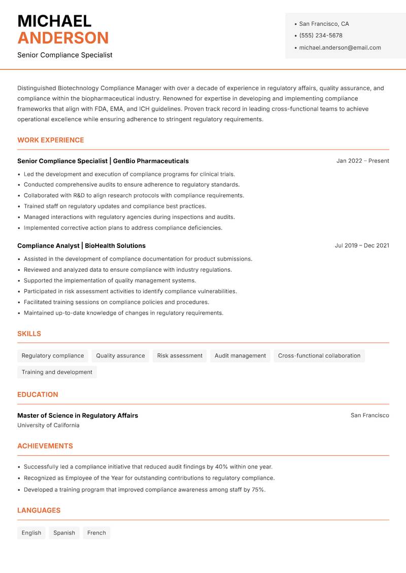 Biotechnology Compliance Manager resume sample — Senior Compliance Specialist focus