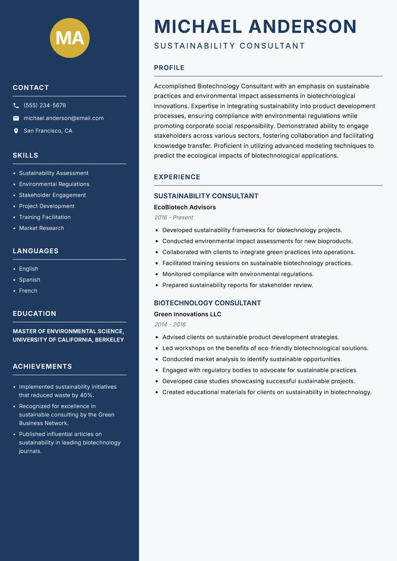 Biotechnology Consultant resume sample — Sustainability Consultant focus
