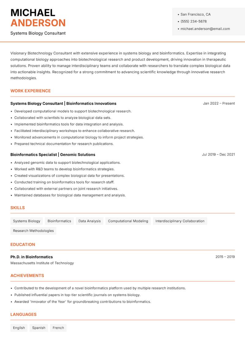 Biotechnology Consultant resume sample — Systems Biology Consultant focus