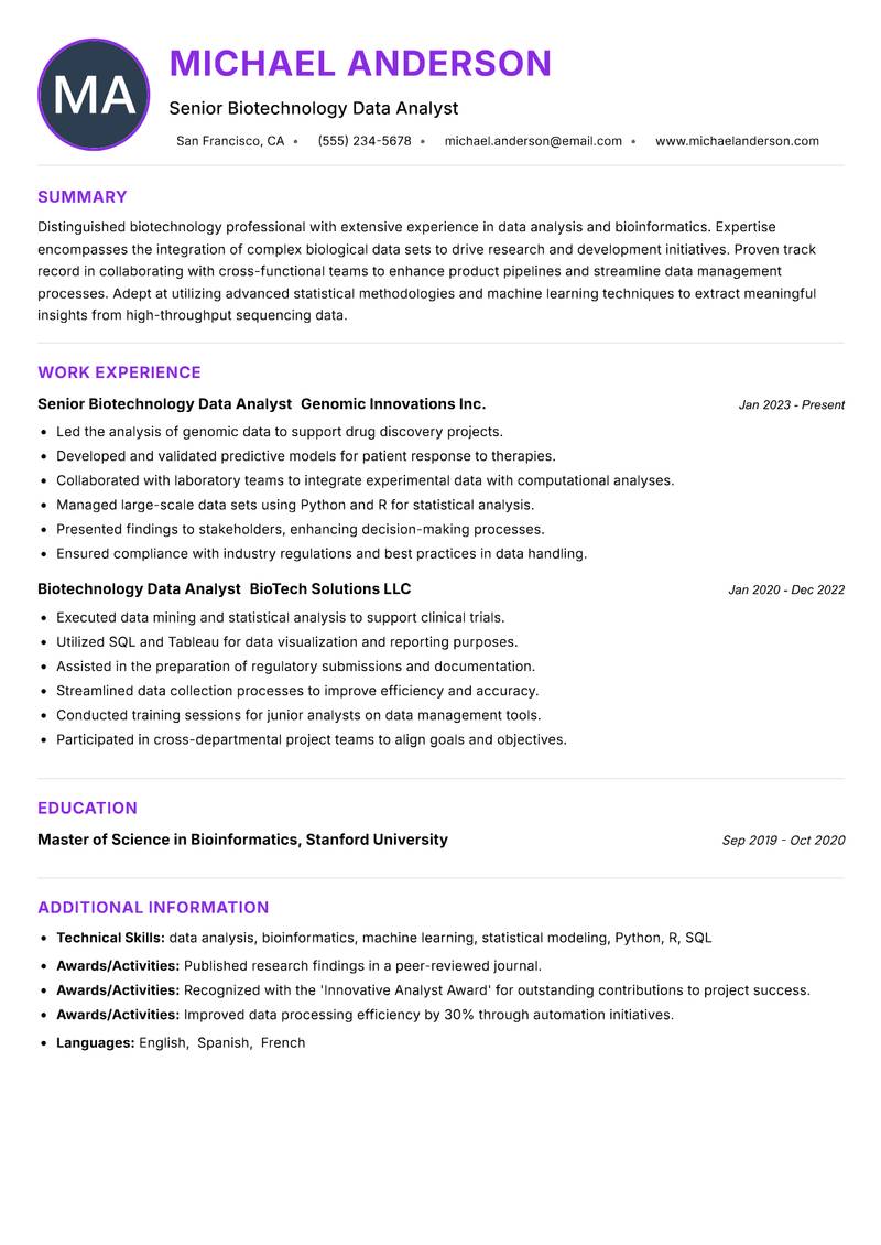 Biotechnology Data Analyst resume example