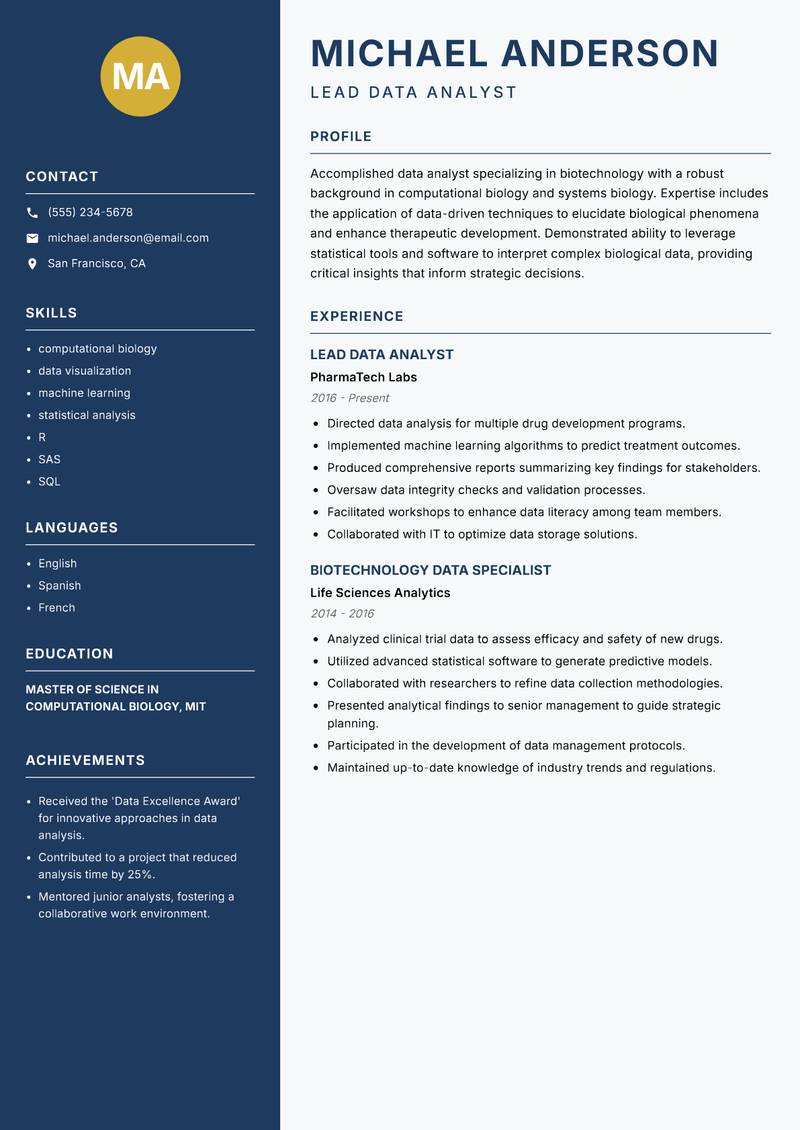Biotechnology Data Analyst resume sample — Lead Data Analyst focus