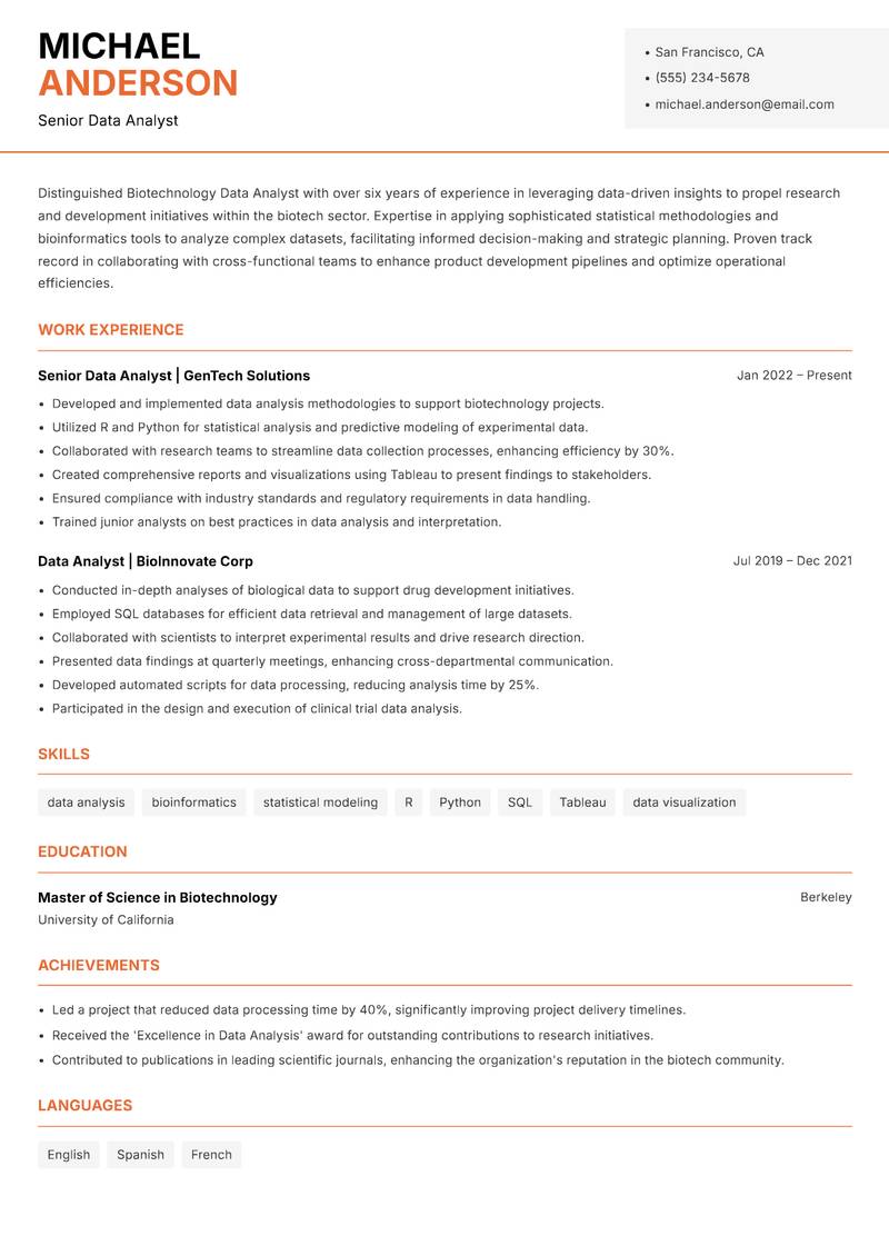 Biotechnology Data Analyst resume sample — Senior Data Analyst focus