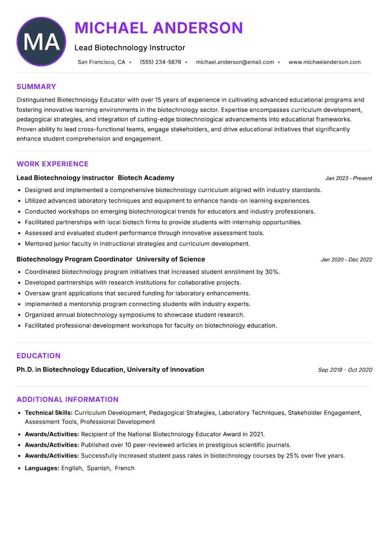Biotechnology Educator resume example