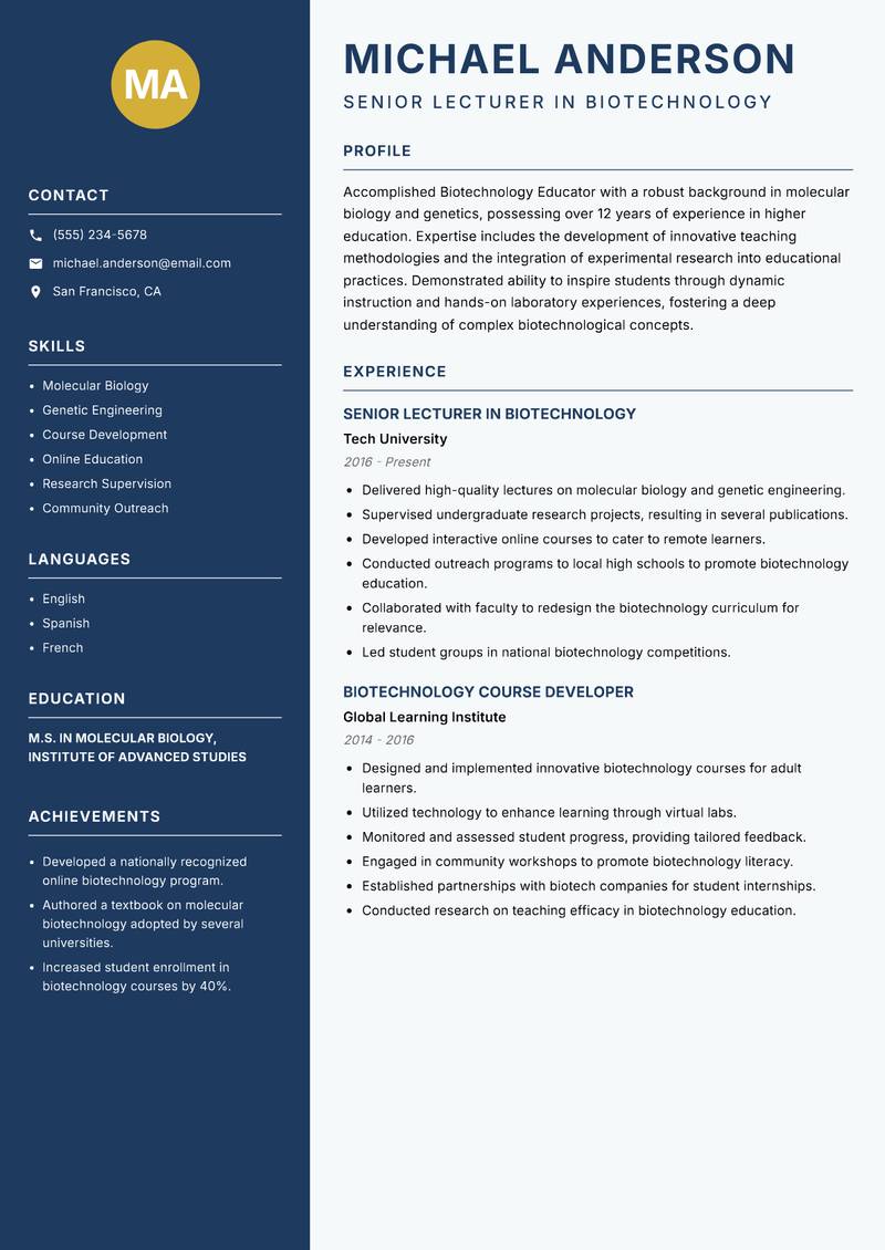 Biotechnology Educator resume sample — Senior Lecturer in Biotechnology focus
