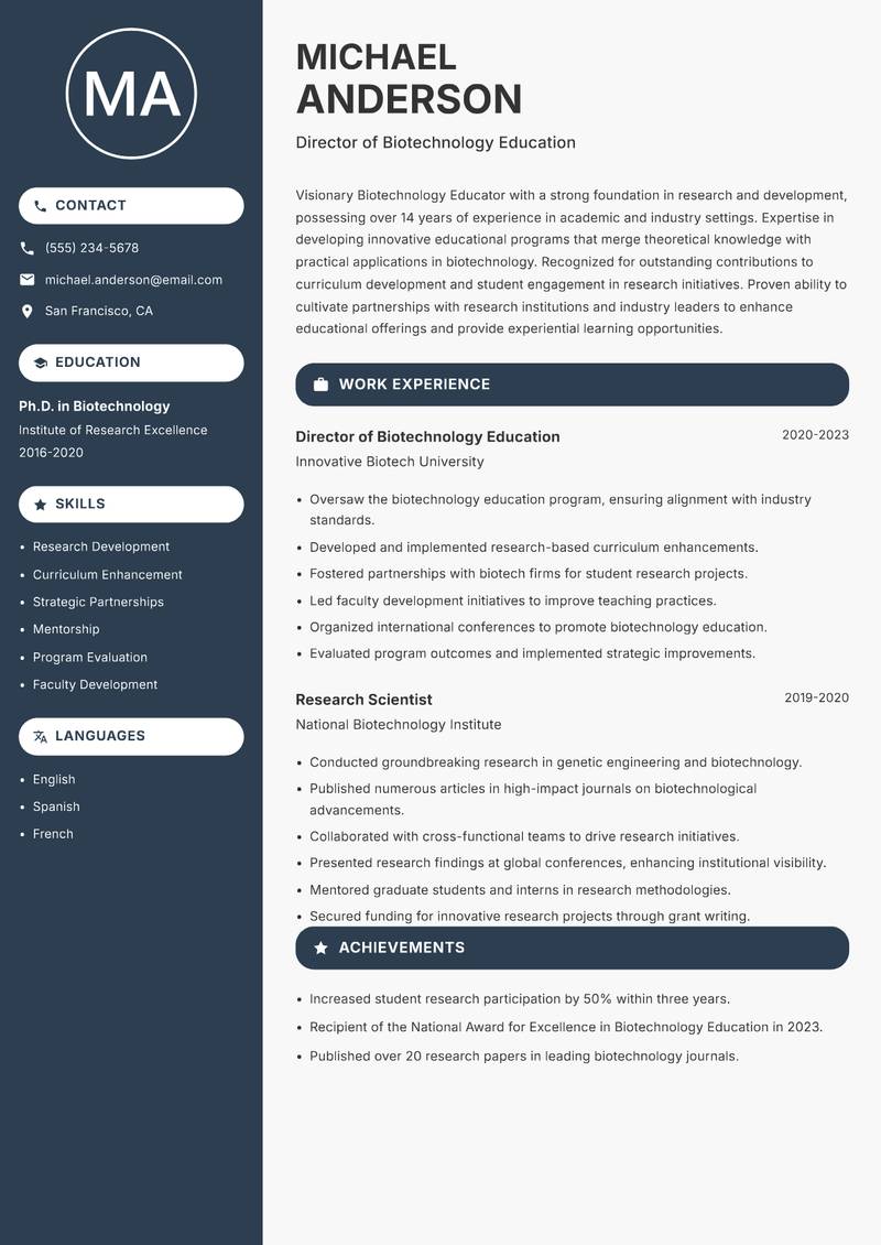 Biotechnology Educator resume sample — Director of Biotechnology Education focus
