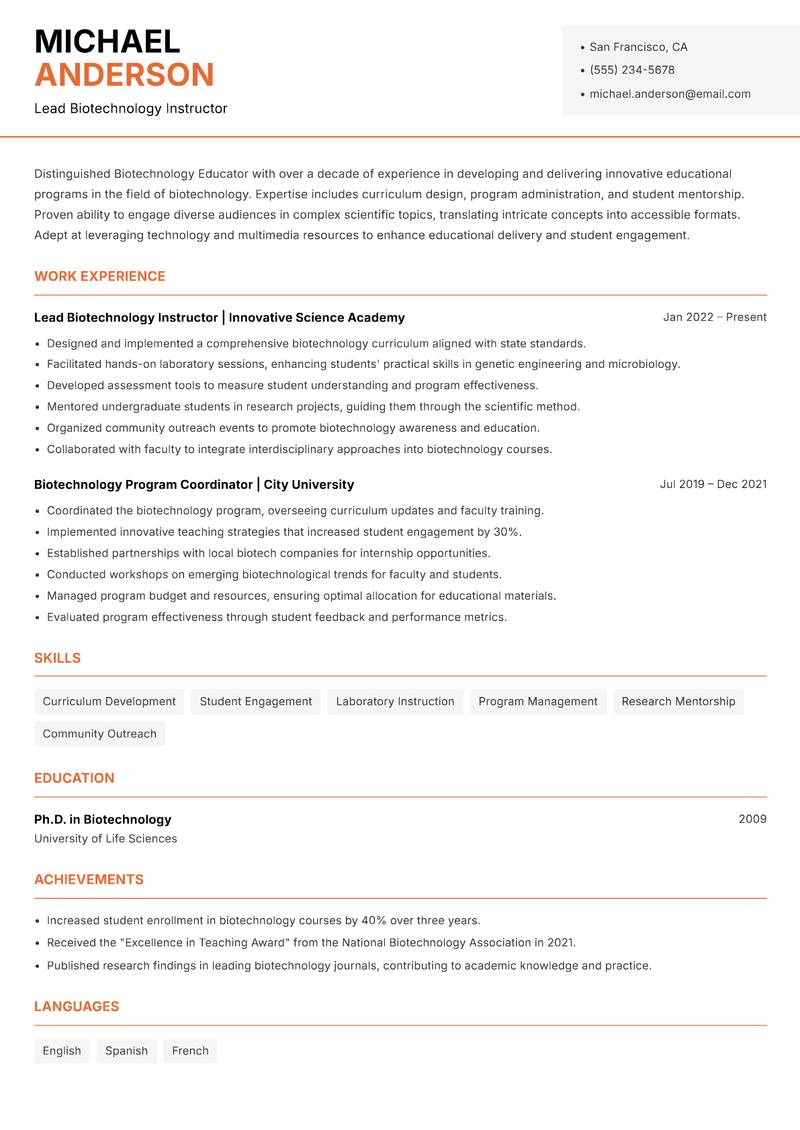 Biotechnology Educator resume sample — Lead Biotechnology Instructor focus