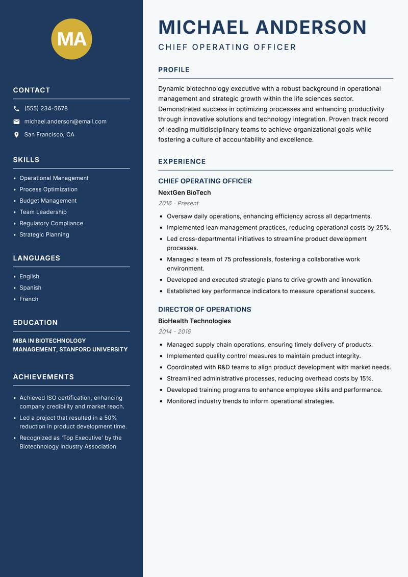 Biotechnology Executive resume sample — Chief Operating Officer focus