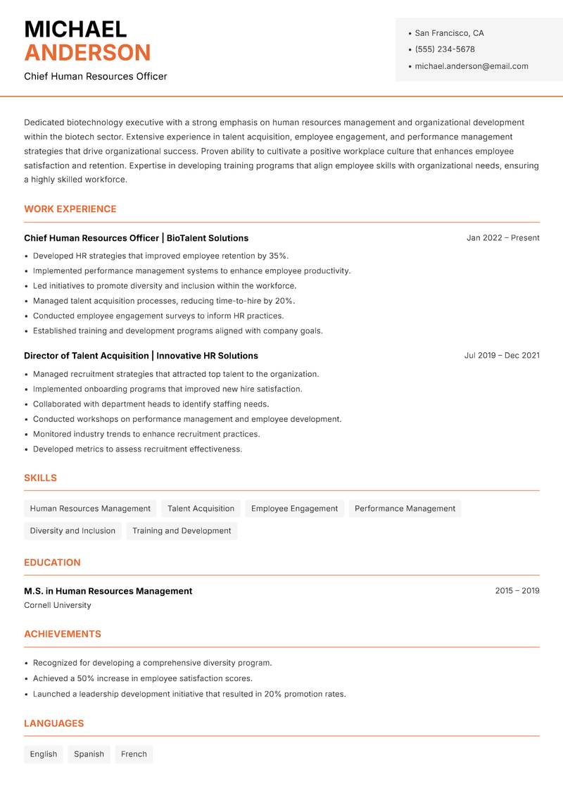 Biotechnology Executive resume sample — Chief Human Resources Officer focus