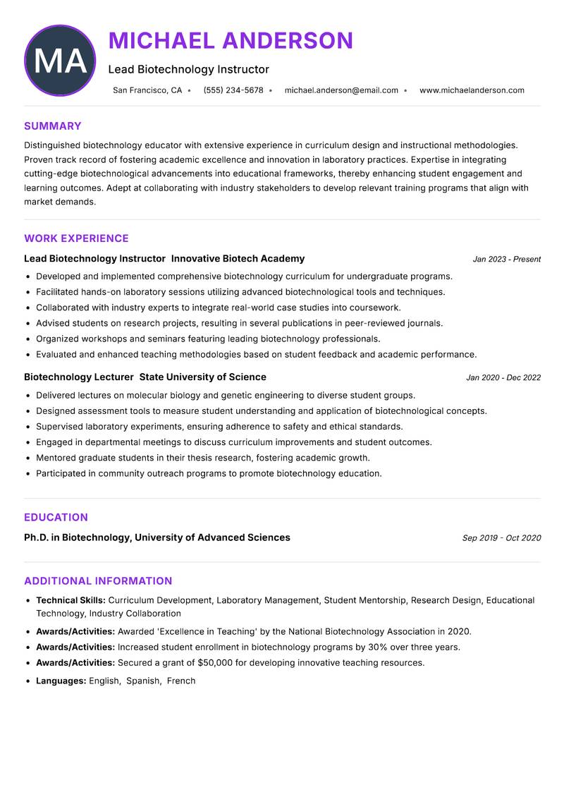 Biotechnology Instructor resume example