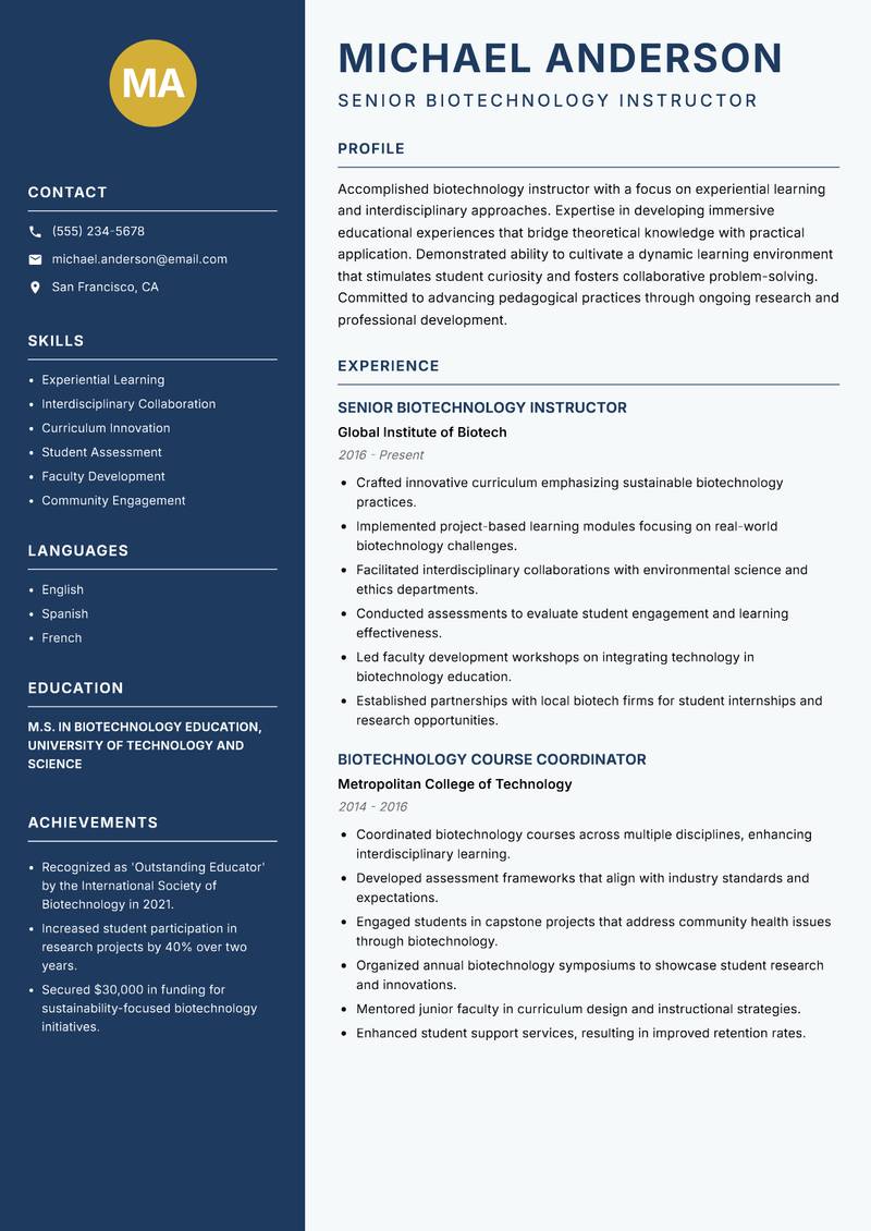 Biotechnology Instructor resume sample — Senior Biotechnology Instructor focus