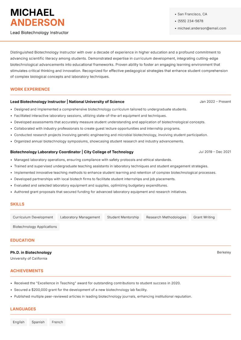 Biotechnology Instructor resume sample — Lead Biotechnology Instructor focus