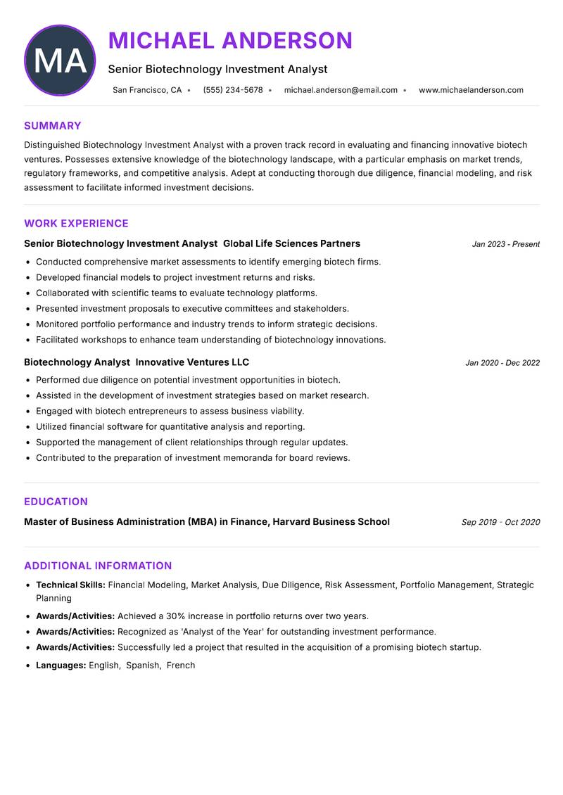Biotechnology Investment Analyst resume example
