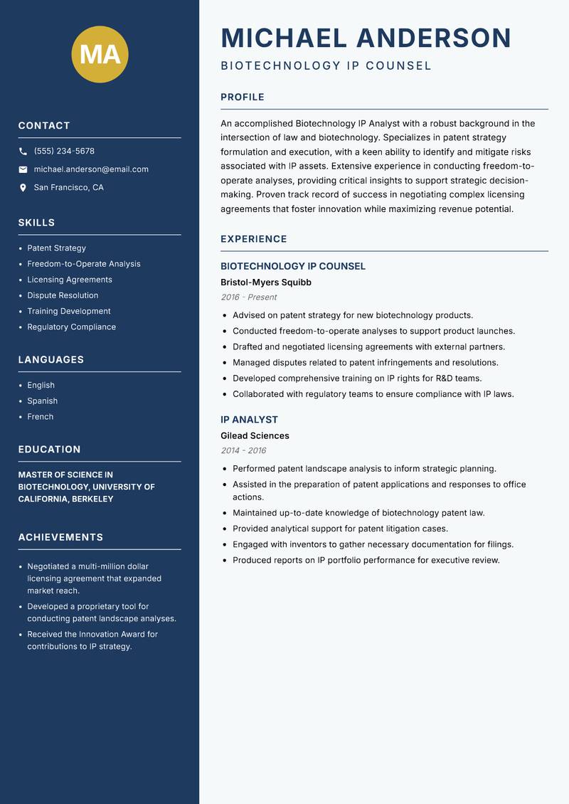 Biotechnology IP Analyst resume sample — Biotechnology IP Counsel focus