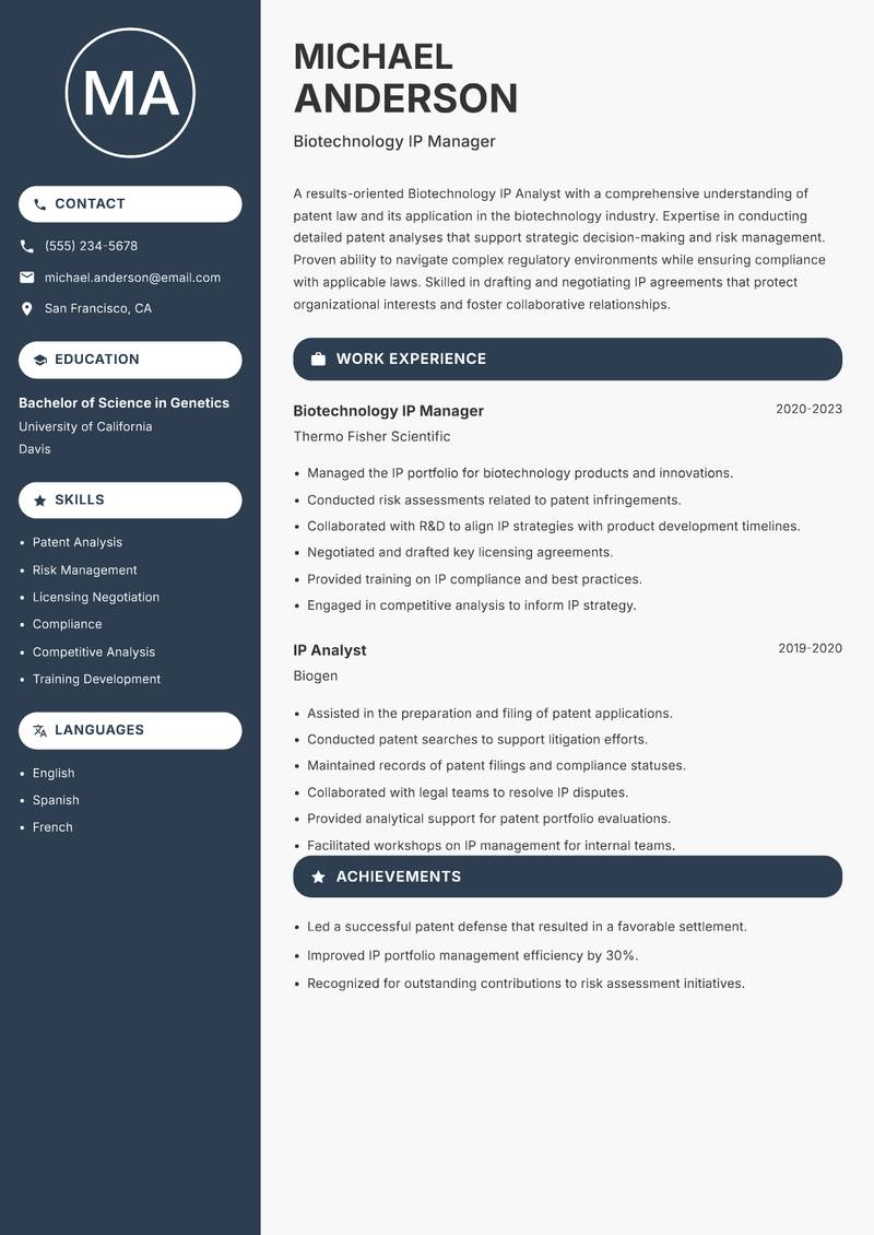 Biotechnology IP Analyst resume sample — Biotechnology IP Manager focus
